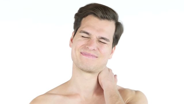 Close up of young  man with closed eyes, clenched teeth  - neck pain concept