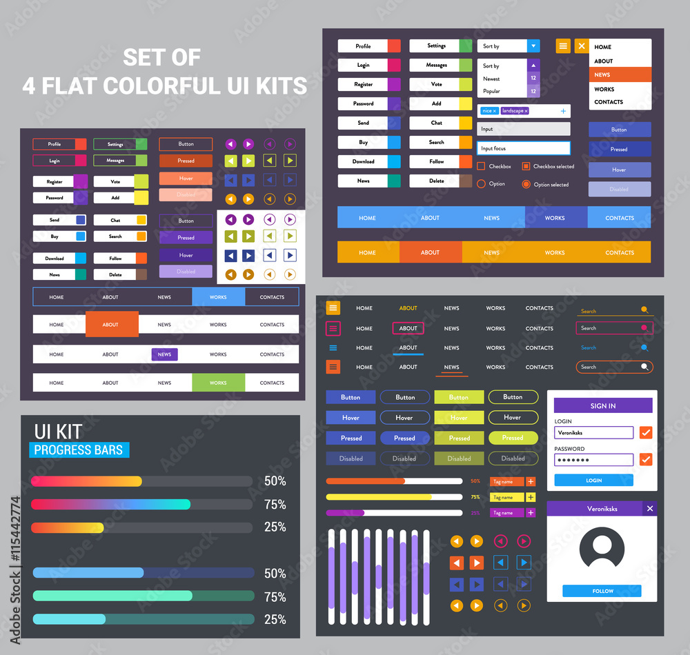 Wall mural flat ui kit set of 4 ui kits. web elements, mobile elements, progress bars.