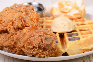Chicken and Waffles with a biscuit