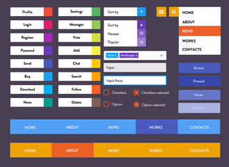 Style flat ui kit design elements for web design with drop down menu. Flat icons with menu, input and menu bar.
