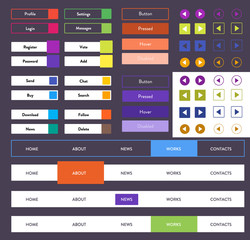 Colorful flat ui kit with web mobile design elements, menu bars, butons state