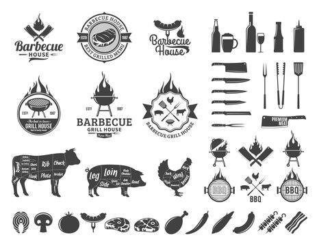 Set of vector barbecue logo, labels and icons