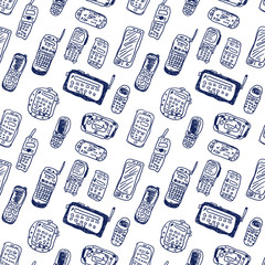 Comic cartoons mobile phoones and devices. Vector seamless backg