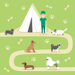 Fototapeta premium Set of dogs. Cartoon vector illustration. Vet clinic