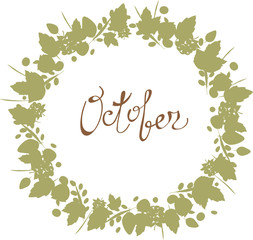 October lettering in a frame of leaves, autumn elements and templates gray brown color on white background. hipster background. Autumn template.