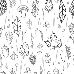 Vector seamless pattern with leaf, berries, blades of grass, autumn elements and templates. black and white background. autumn hipster background. Bright pattern. Autumn template.