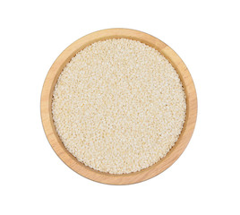 Top view white sesame seeds in wood bowl isolated on white backg