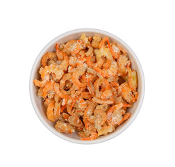 Top view dried shrimp in white bolw isolated on white background
