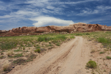 Dirt roads around Bluff, Utah on a blue sky day 
