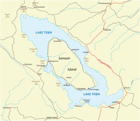 vector road map of Indonesian volcano lake toba on Sumatra - obrazy, fototapety, plakaty
