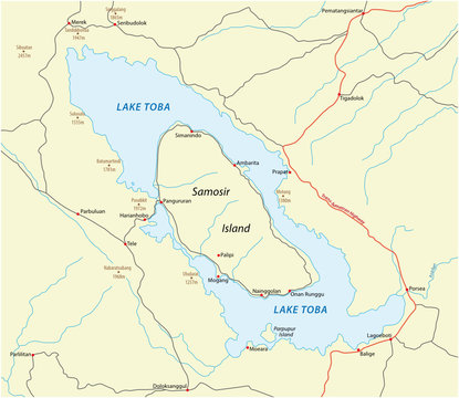 vector road map of Indonesian volcano lake toba on Sumatra