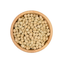 Top view garbanzo beans in wooden bowl on white background