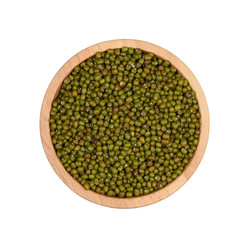 Top view Green mung beans in wood bowl on white background