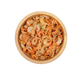 Top view dried shrimp on wood bolw isolated on white background