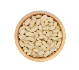 Top view peanuts peel off in wood bowl isolated on white backgro