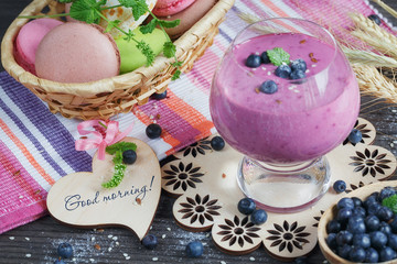 Delicious bilberry smoothie, detox yogurt or milkshake with fres