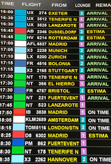 arrival display board at airport terminal showing international