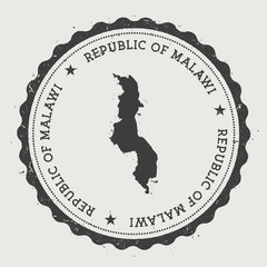 Malawi hipster round rubber stamp with country map. Vintage passport stamp with circular text and stars, vector illustration.