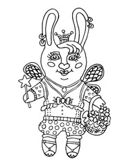 Outline drawing a cute rabbit girl fairy in the princess crown and a magic wand cartoon character on isolated white background kids coloring book and coloring page print pattern vector illustration