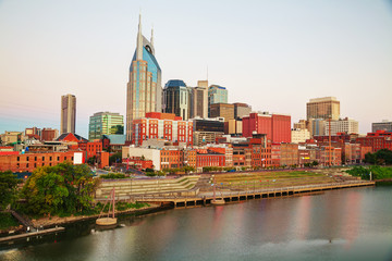 Downtown Nashville cityscape in the evening