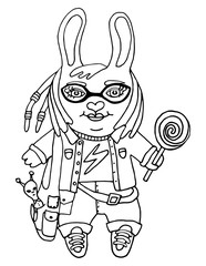 Outline drawing a cute rabbit girl nerd in glasses with toy and candy cartoon character on isolated white background kids coloring book and coloring page print pattern vector illustration