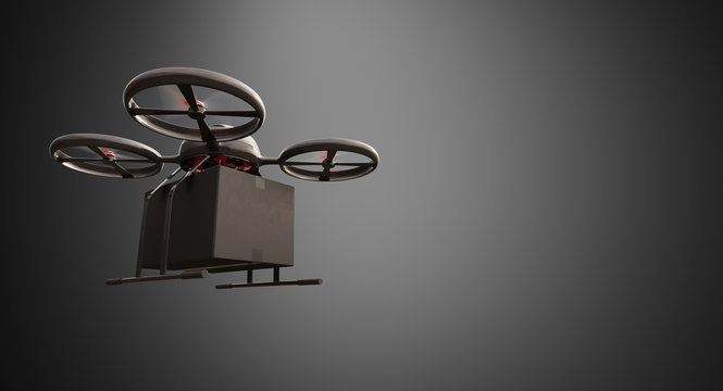 Photo Carbon Material Generic Design Remote Control Air Drone Flying Black Box Under Empty Surface.Blank Gray Background.Global Cargo Express Delivery.Wide,Left Side View 3D rendering