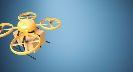 Photo Orange Color Material Generic Design Remote Control Air Drone Flying Craft Box Under Empty Surface.Blank Blue Background.Global Cargo Express Delivery.Wide,Top Angle View 3D rendering