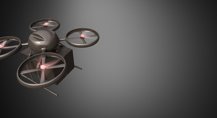 Carbon Material Generic Design Remote Control Air Drone Flying Black Box Under Empty Surface.Blank Gray Background.Global Cargo Express Delivery.Wide,Motion Blur effect.Top Angle View 3D rendering