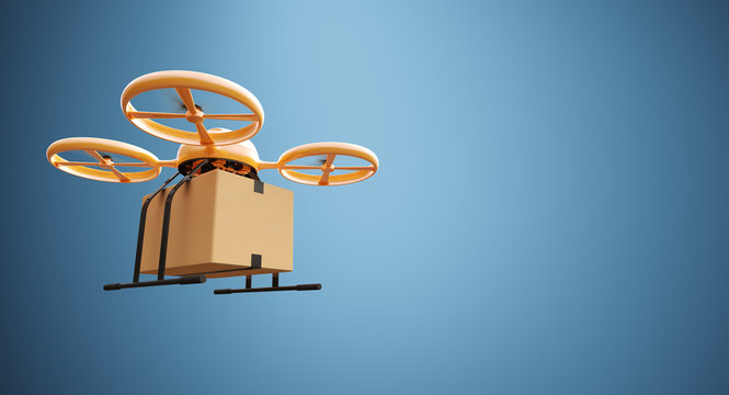 Photo Orange Color Material Generic Design Remote Control Air Drone Flying Craft Box Under Empty Surface.Blank Blue Background.Global Cargo Express Delivery.Wide,Left Side Angle View 3D rendering