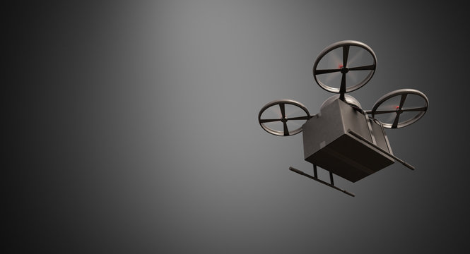 Carbon Material Generic Design Remote Control Air Drone Flying Black Box Under Empty Surface.Blank Gray Background.Global Cargo Express Delivery.Wide,Motion Blur effect.Bottom Angle View 3D rendering