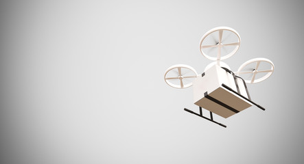Ambulance Generic Design Remote Control Air Drone Flying White Box Under Empty Surface.Blank Light Background.Global Cargo Aid Supplies Express Delivery.Wide,Motion Blur effect.3D rendering.