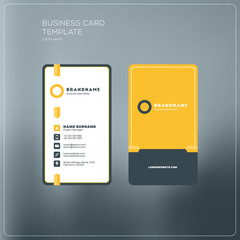 Vertical business card print template. Personal business card with company logo. Black and yellow colors. Clean flat design. Vector illustration. Business card mockup