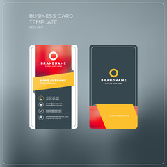 Vertical business card print template. Personal business card with company logo. Black and yellow colors. Clean flat design. Vector illustration. Business card mockup