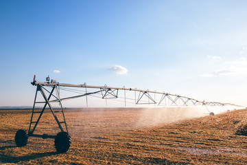 Agricultural irrigation on harvested wheat stubble field