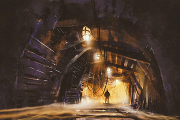 inside of the mine shaft with fog,illustration,digital painting - obrazy, fototapety, plakaty