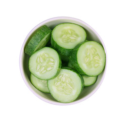 Top view Fresh slice cucumber in white bowl on white background