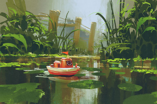 toy boat sailing on river in forest,digital painting,illustration