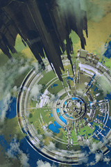 Fototapeta premium aerial view of futuristic city and spacecraft in the foreground,alien planet,illustration painting