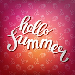 Hello summer. Poster on beach background. Handdrawn, lettering d