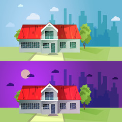 Set of colorful cottage houses. Flat buildings. Vector illustrat