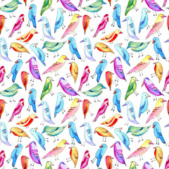 Seamless pattern with colorful bird. Watercolor hand drawn illustration.White background.Black contour.