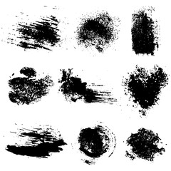 Vector set of black inc blots and brush strokes, isolated on the white background. Series of elements for design.