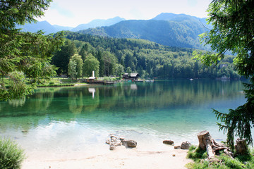 Beautiful view on Lake, mountain with reflection. Lake Bohinj in Slovenia.
