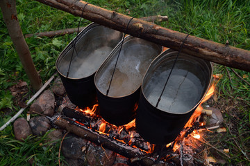 Food cooking on camp fire