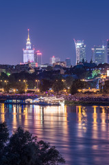 Night view of Warsaw waterfront and downtown skyline