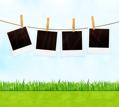 Summer background with photos on rope