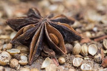 Spices lying on a wooden surface closeup
