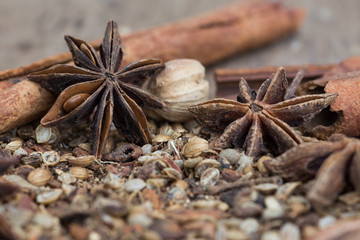 Spices lying on a wooden surface closeup