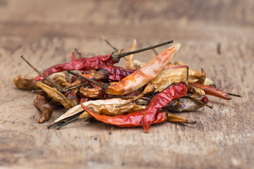Closeup of the dried chili on the wood