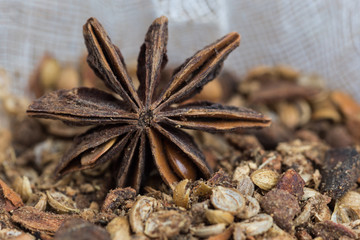 Spices lying on a wooden surface closeup